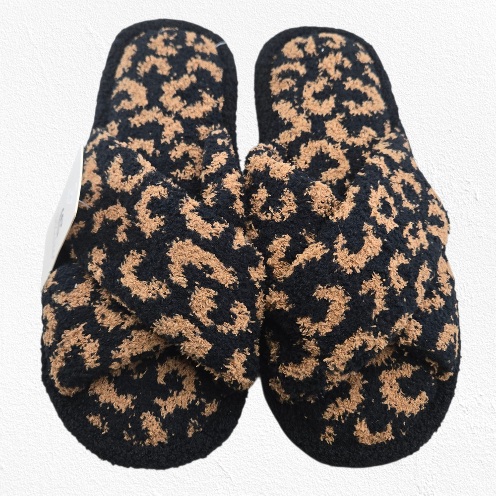 ComfyLuxe Black Leopard Print Cozy Fuzzy Slippers M/L (8–10) Plush Crossband NWT